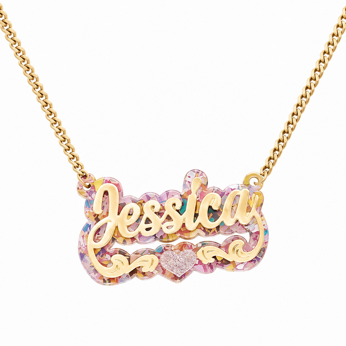 Custom Name Necklace with Colorful Confetti Backing — 18k Gold Plated Personalized Pendant