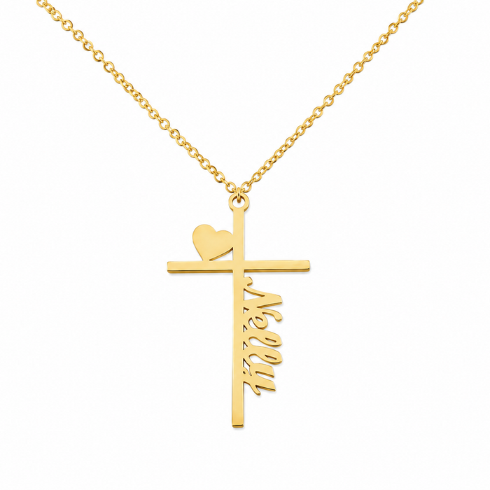 Custom Name Cross Necklace with Heart — 18k Gold Plated Personalized Cross Pendant