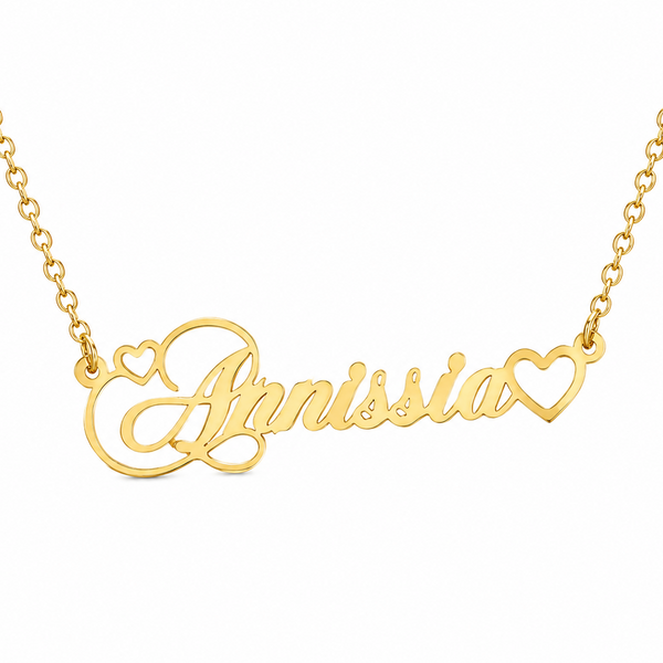Custom Name Necklace with Double Heart — 18k Gold Plated Personalized Script Nameplate