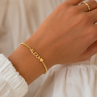 Custom Name Bracelet with Heart Charm – 18K Gold Plated Personalized Cuban Chain Bracelet