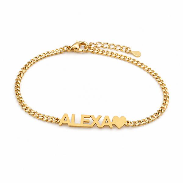 Custom Name Bracelet with Heart Charm – 18K Gold Plated Personalized Cuban Chain Bracelet
