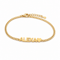 Custom Name Bracelet with Heart Charm – 18K Gold Plated Personalized Cuban Chain Bracelet