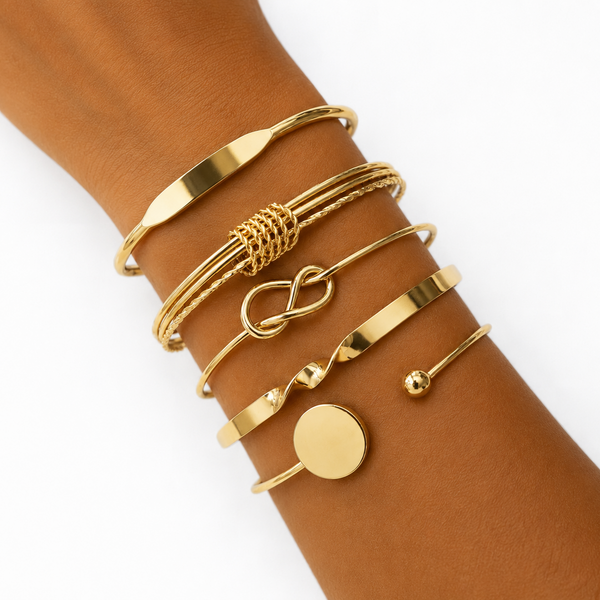 Gold Bangle Bracelet Set — Stackable Cuff & Knot Bracelets, 5-Piece Set