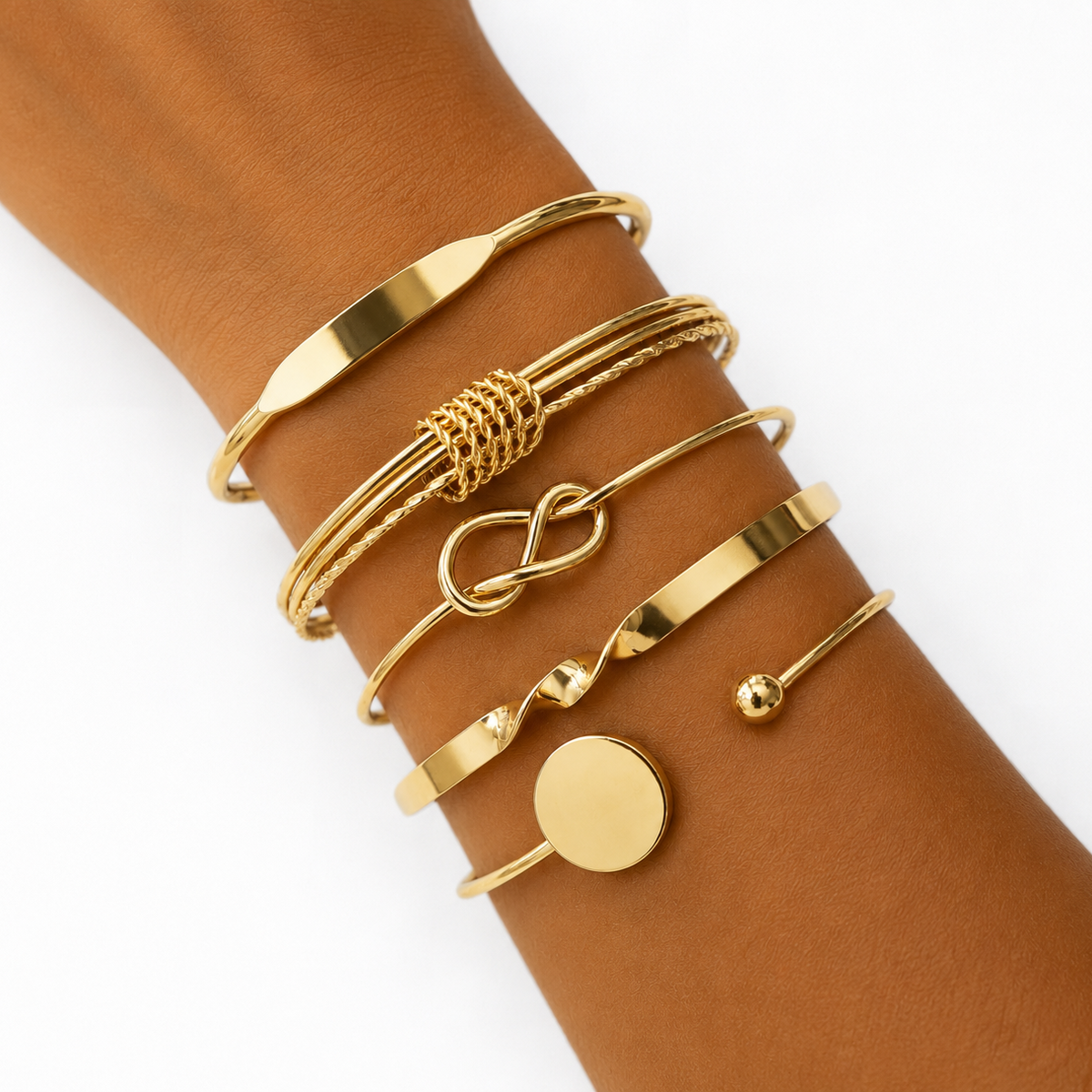 Gold Bangle Bracelet Set — Stackable Cuff & Knot Bracelets, 5-Piece Set