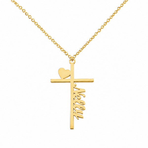 Custom Name Cross Necklace with Heart — 18k Gold Plated Personalized Cross Pendant